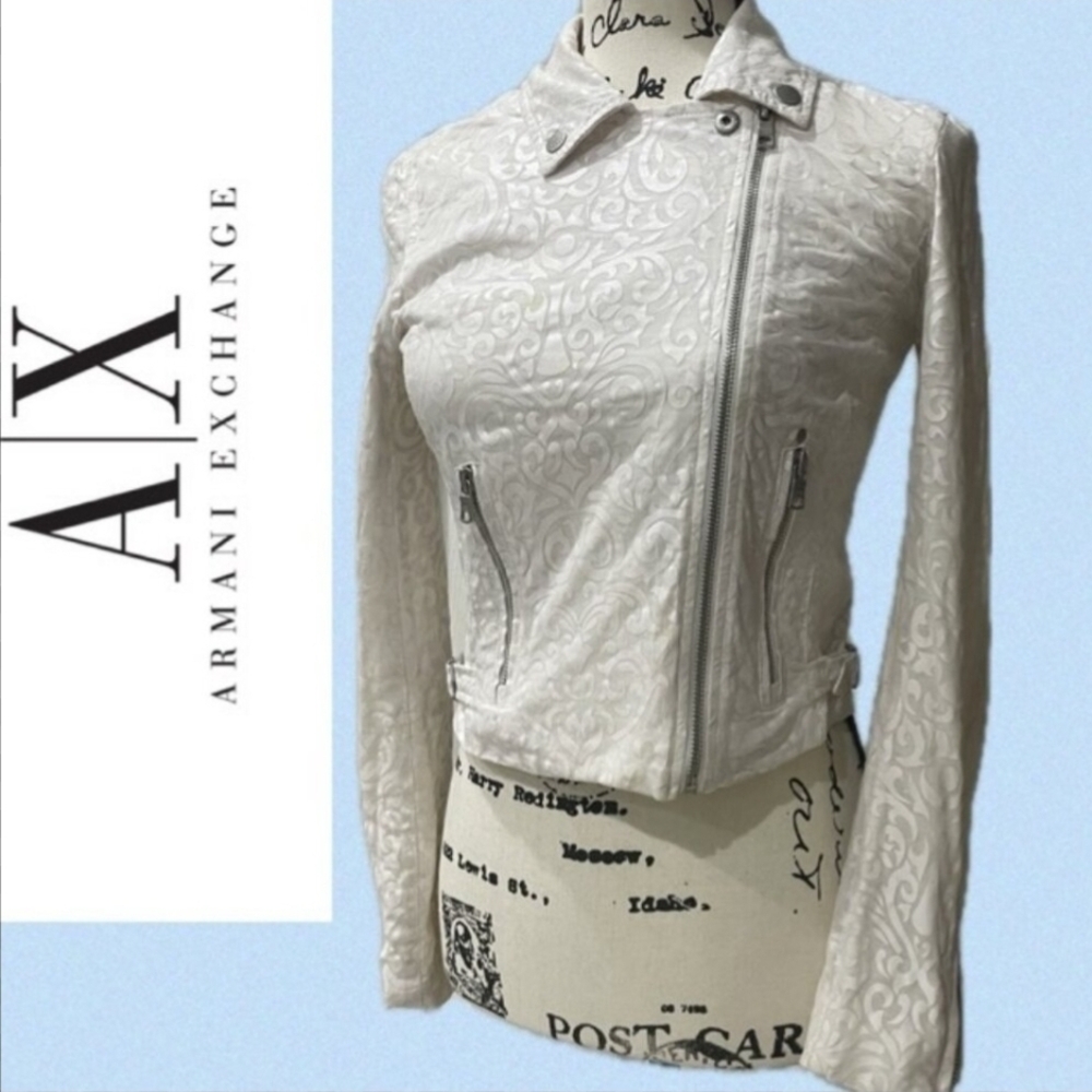 Armani Exchange White Embossed Leather Moto Jacket